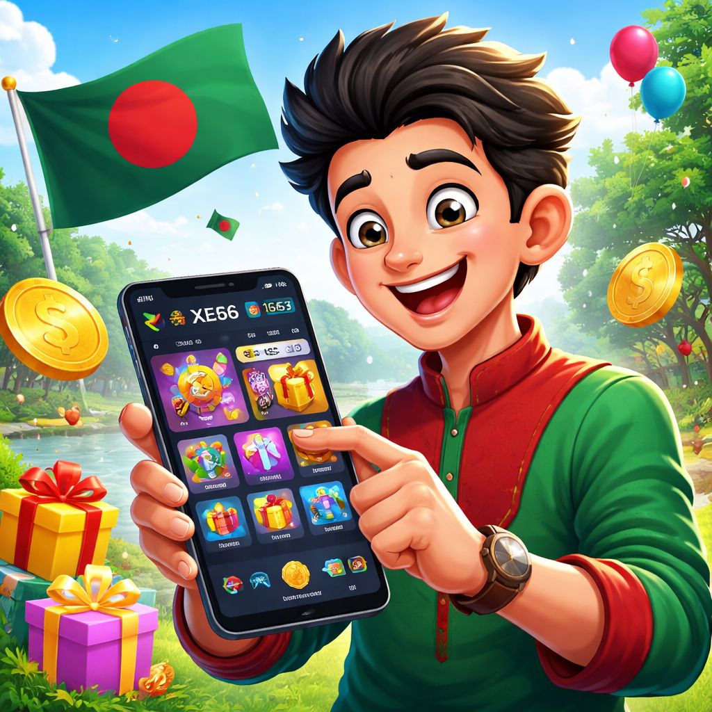 Cartoon mobile gamer holding a xe66 app phone with bright reward icons