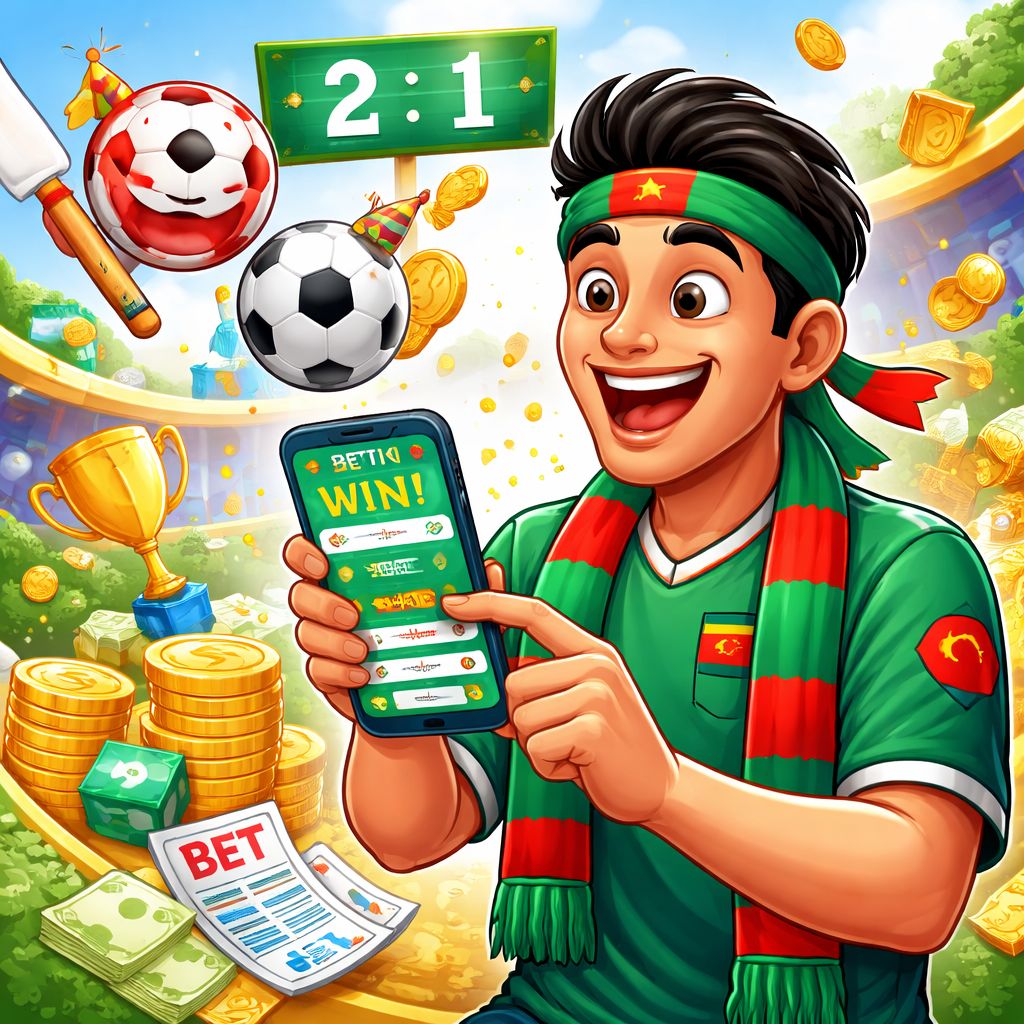 Cartoon sports fan using a mobile betting app with cricket and football elements
