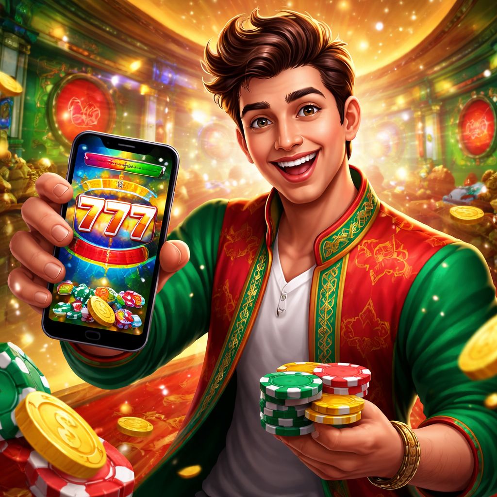 xe66 Casino cartoon player with slot reels, chips, coins, and mobile app interface