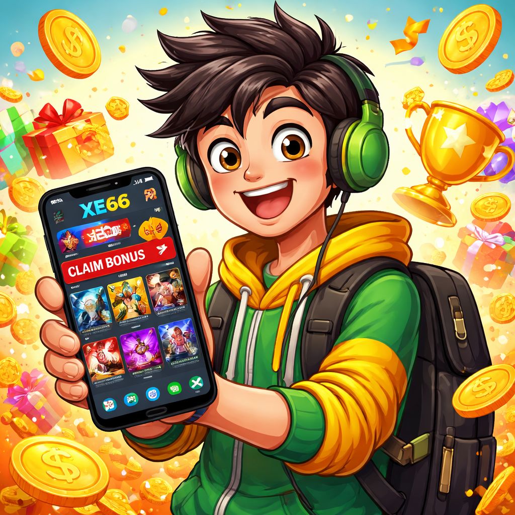 xe66 cartoon player using a mobile gaming app with coins and bright rewards