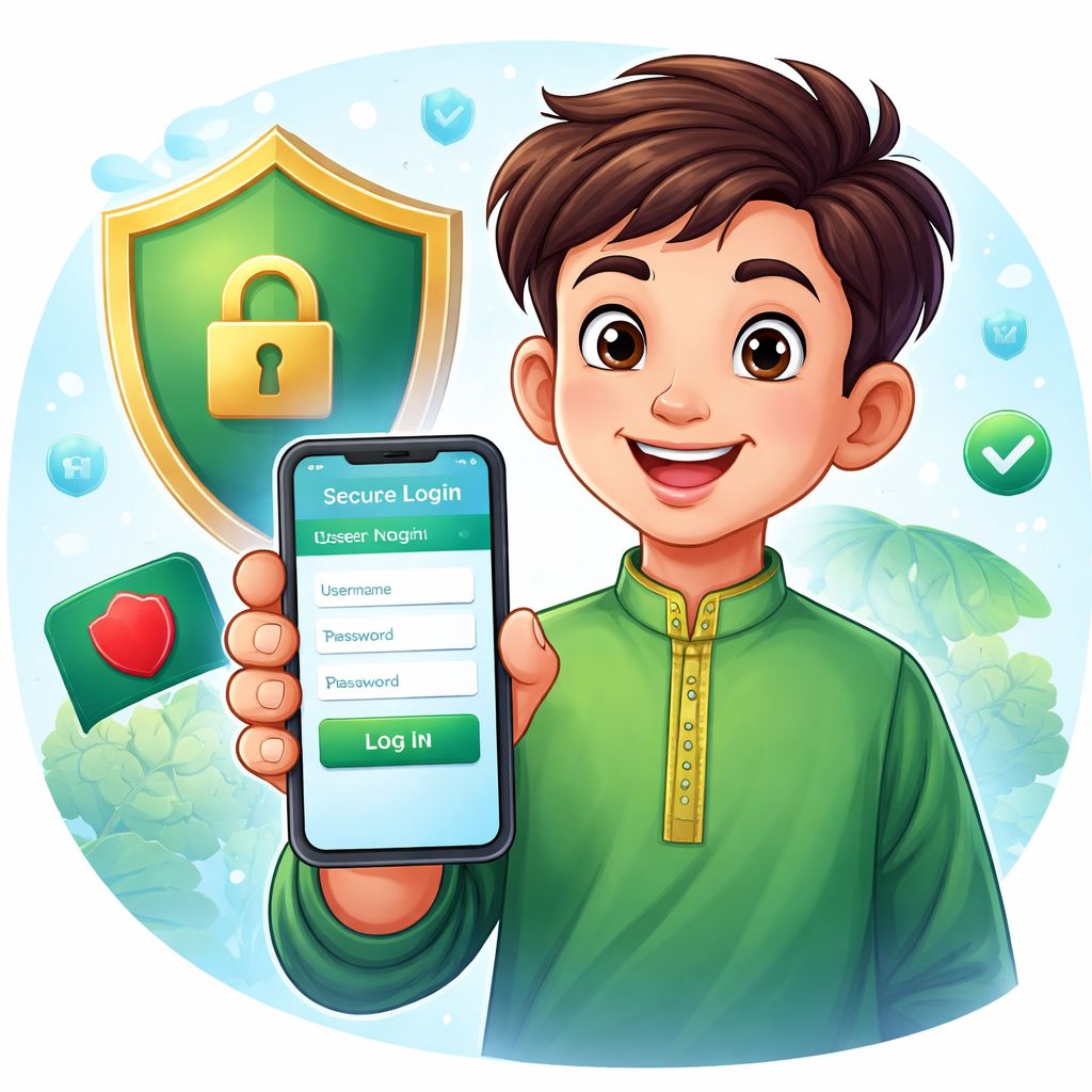 Cartoon character using a smartphone for secure xe66 login with shield and app icons