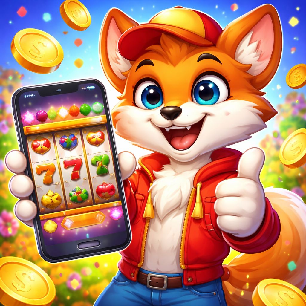 Cartoon xe66 mascot enjoying colorful slot reels with coins and mobile app icons
